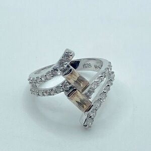 𝅺sterling Silver Peach & Clear Colour Cz Stone Bypass Ring Sz 7.75